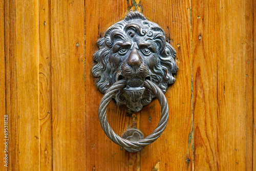 Close-up of beautiful bronze lion head knocker at wooden door at City of Venice on a summer day. Photo taken August 6th, 2023, Venice, Italy.