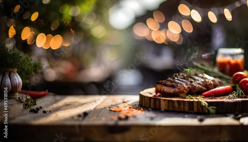 Copy Space image of Barbecue grilled and sliced wagyu Rib Eye beef meat steak on a plate with smoke on bokeh background. photo