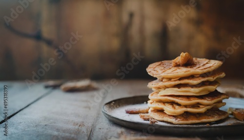 Copy Space image of Delicious viennese waffles with maple syrup drizzle and blackberry on dark brown wood background.