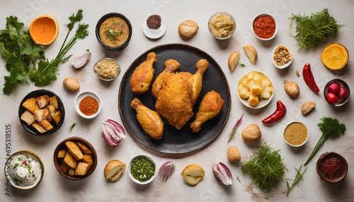 Copy Space image of Breaded chicken drumstick, leg, wing and breast tenders strips. Dark Wooden background.