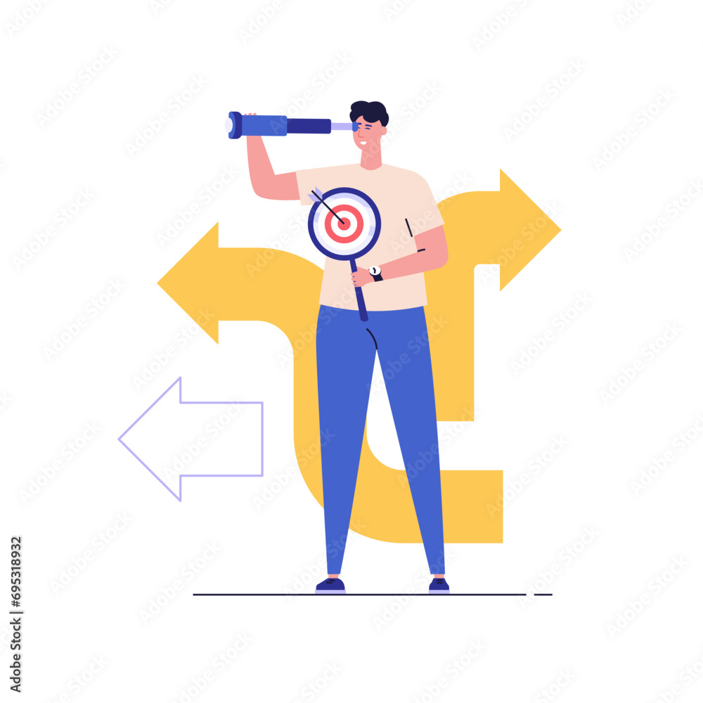 Decision making concept with choose different way. Student or employee choose career path. Various business ways. Difficult choice. Vector illustration in flat cartoon design for web banner, UI Decision making concept with choose different way. Student or employee choose career path. Various business ways. Difficult choice. Vector illustration in flat cartoon design for web banner, UI
