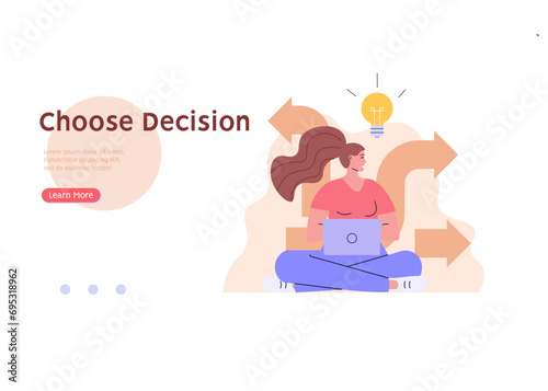 Decision making concept with choose different way. Student or employee choose career path. Various business ways. Difficult choice. Vector illustration in flat cartoon design for web banner, UI