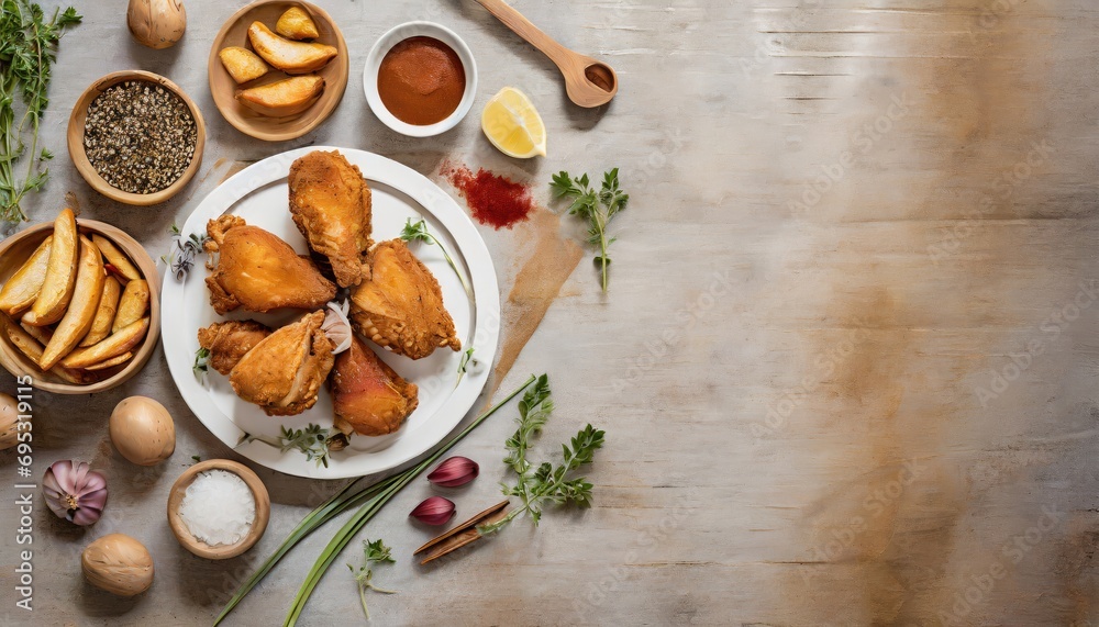 Fototapeta premium Copy Space image of Breaded chicken drumstick, leg, wing and breast tenders strips. Dark Wooden background.