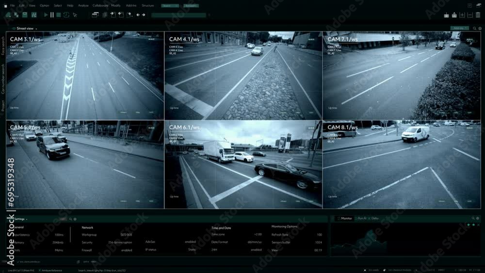 CCTV Traffic Speeding Security Camera. Road Safety Supervision Technology in the Middle of Busy Urban City Area with Intense Car Driving. Software Interface of Monitoring Speed Limit and Road Safety
