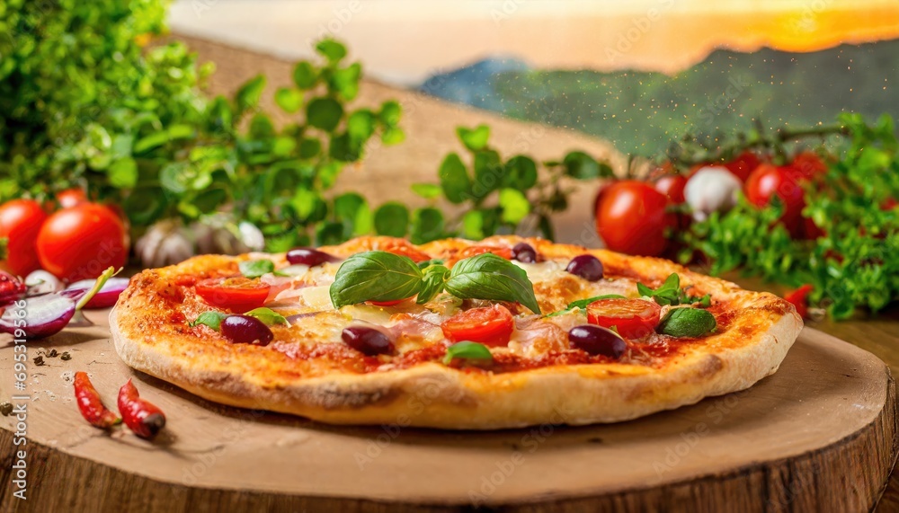 Copy Space image of Pizza Margherita on wooden background, landscape view background. Copy Space image of Pizza Margherita on wooden background, landscape view background.