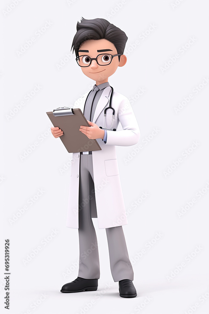 Male doctor with clipboard isolated on white background. 