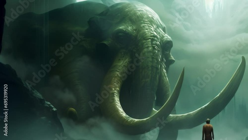 Giant mammoth head in a misty valley close-up prehistoric fantasy animation photo