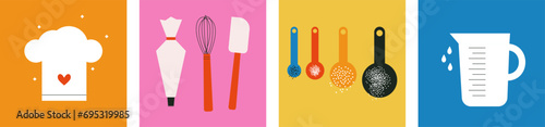 Collection of cooking food vector design elements. Kitchen utensils icon set. Kitchenware for cooking and baking. Colorful spoons. Flat vector illustration. Trendy abstract style. Scandinavian design photo
