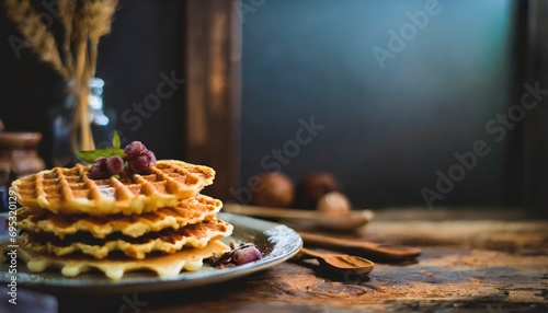Copy Space image of  Delicious viennese waffles with maple syrup drizzle and blackberry on dark brown wood background. photo
