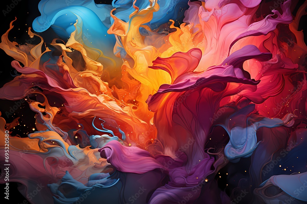 A whirlwind of vibrant liquid colors swirling and colliding in a mesmerizing display
