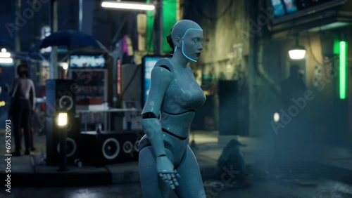 female robot walking along a street in a big city. humanoid AI robot crossing street. 3d render. future automation job.