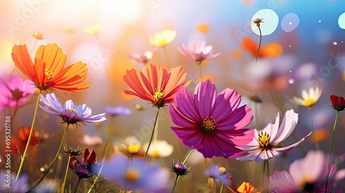 Field of colorful cosmos flower and butterfly