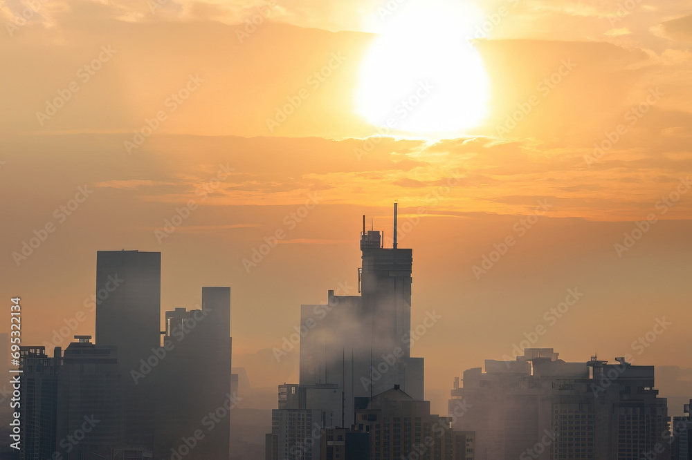 smoke in the sky, pollution on the city, sunset with skyscrapers smoke in the sky, pollution on the city, sunset with skyscrapers