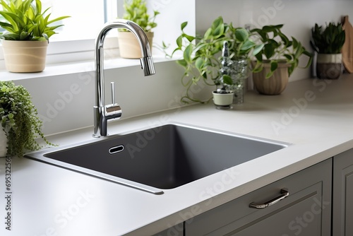 Kitchen sink area with Gray modern sink.