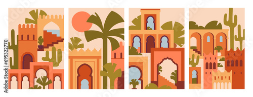 Morocco posters set. Moroccan buildings, architecture, card backgrounds. Abst...