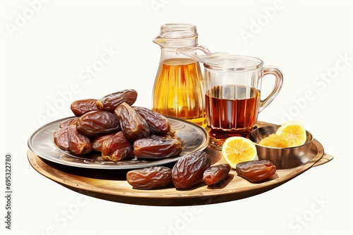 Cup of tea and dry dates, iftar time, ramadan concept.