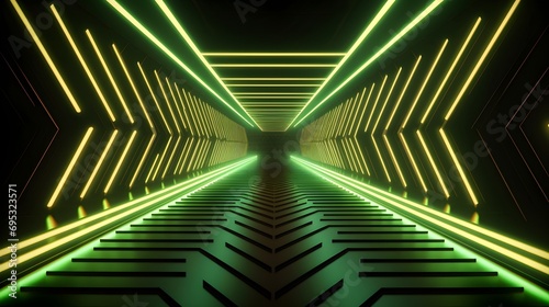 A corridor with black bars and Green and white light behind it, in the style of optical geometry, 8k 3d, strong diagonals, neon lights, minimalist stage designs, zigzags, neon and fluorescent light 
