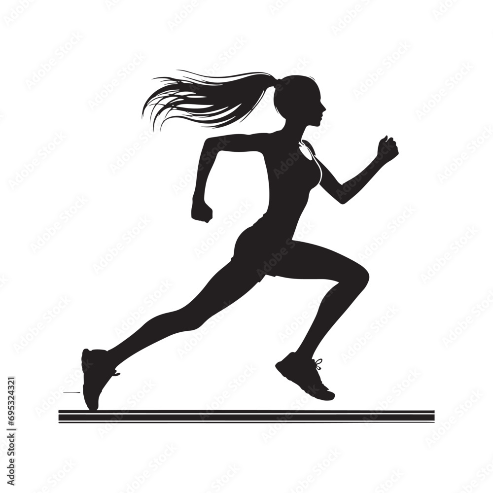 Running Woman Silhouette: Jogging Woman with Abstract Floral Patterns - Fitness and Nature Harmony - Minimallest Woman Running Black Vector
