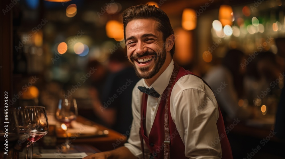A Spanish waiter smiles as he pours red wine to a customer.
