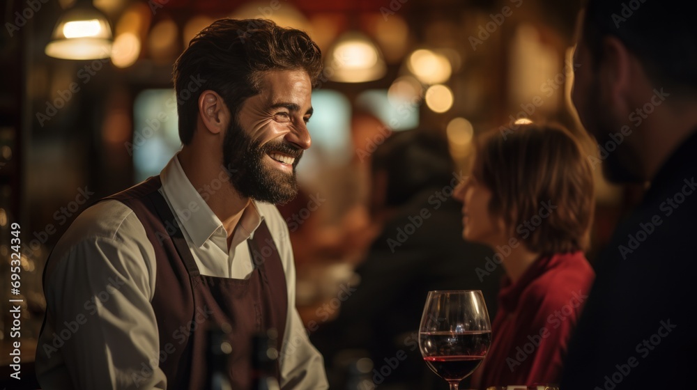 A Spanish waiter smiles as he pours red wine to a customer. A Spanish waiter smiles as he pours red wine to a customer.