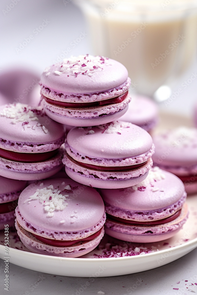 purple macaron on a plate with milk, in the style of light white and light crimson created with Generative Ai
