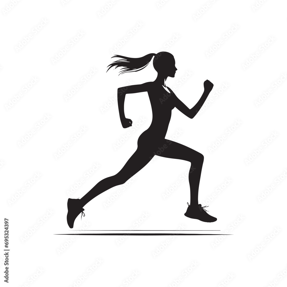 Running Woman Silhouette: Marathon Training - Determined Lady Athlete Running on a Race Track - Minimallest Woman Running Black Vector
