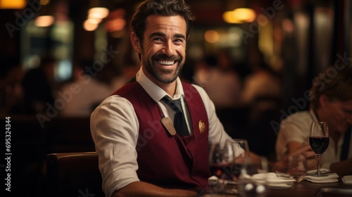 A Spanish waiter smiles as he pours red wine to a customer.