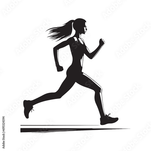 Running Woman Silhouette: Trail Running Adventure - Woman Jogging through Forest with Sun Peeking Through Trees - Minimallest Woman Running Black Vector 