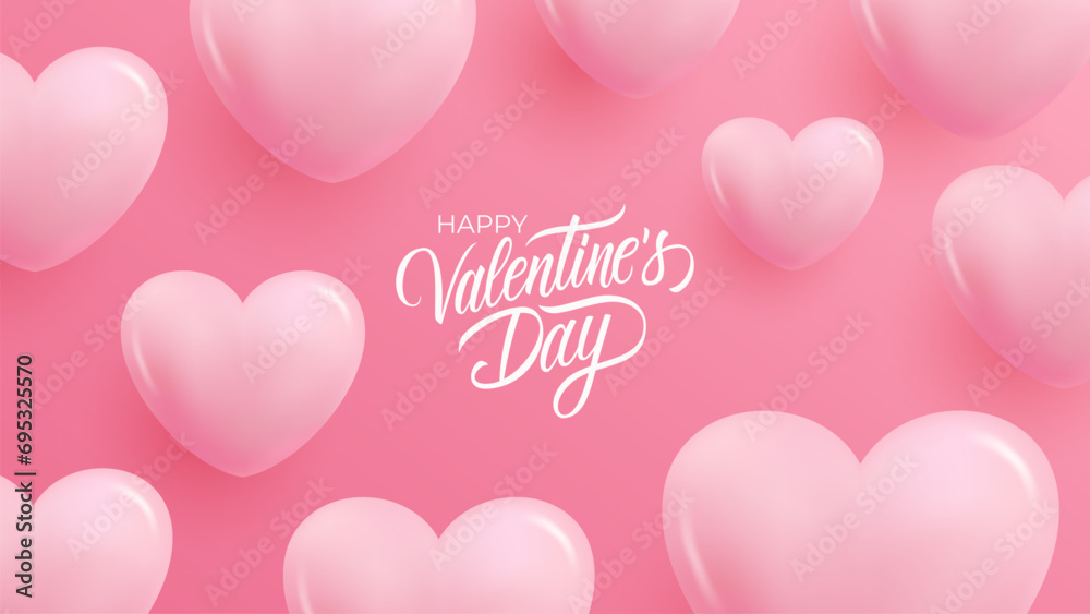 Happy Valentine's Day Banner. Romantic festive background with 3d pink glossy hearts and hand lettering. Valentines Day holiday greetings. Vector Illustration.