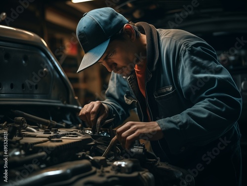 Mechanic working on car engine in garage