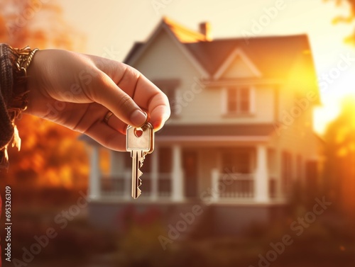 Hand holding key with house in background