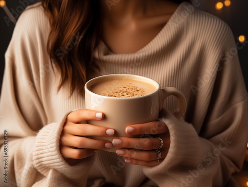 Woman holding a cup of coffee with bokeh lights in the background
