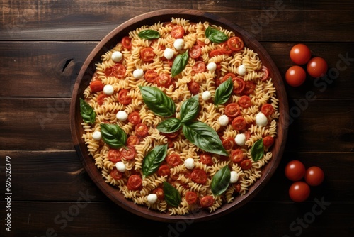 A plate of pasta with tomatoes and basil