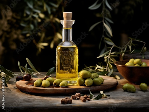 Bottle of olive oil with olives and spices on a wooden tray