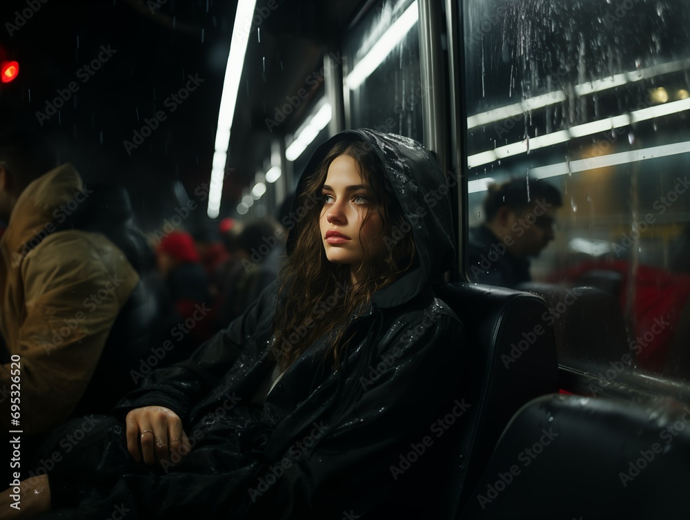 A person in a raincoat on a bus at night