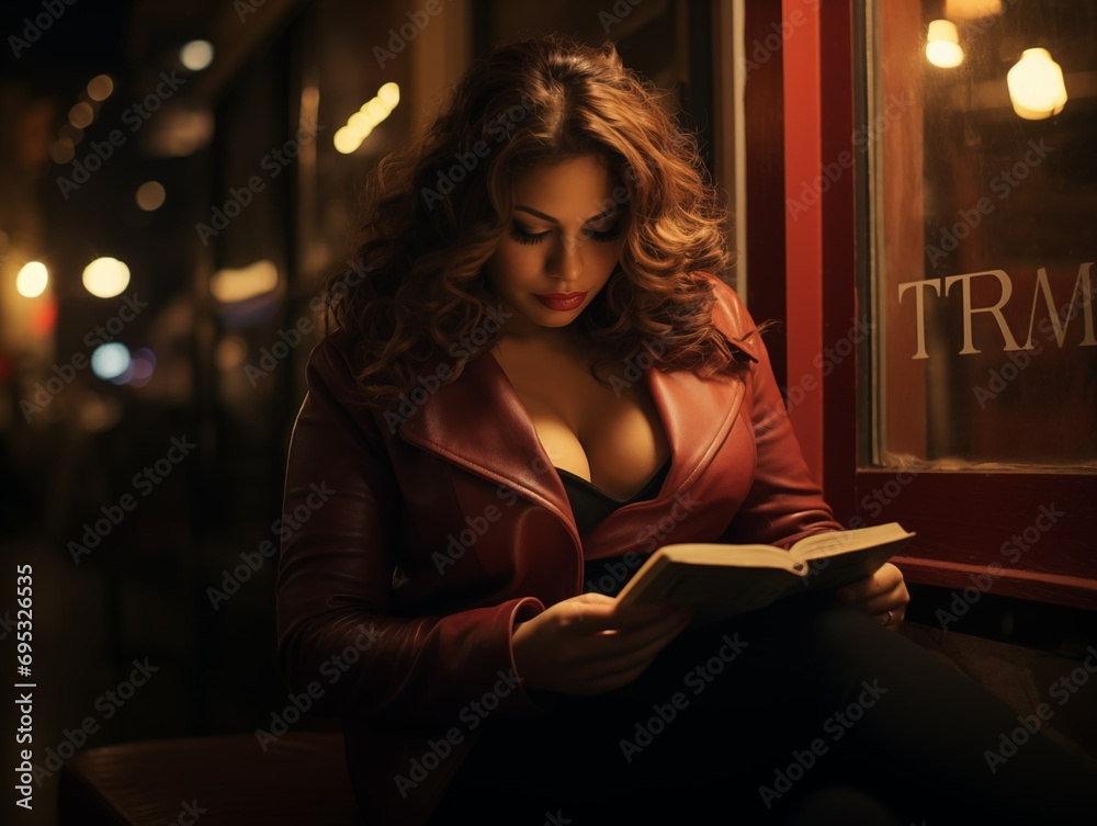 Woman reading outdoors at night Woman reading outdoors at night