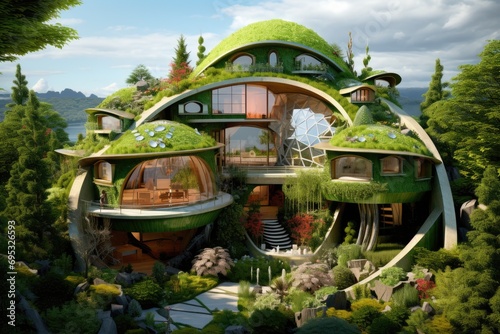 A green house with a garden. Enewable energy  conservation  and green living