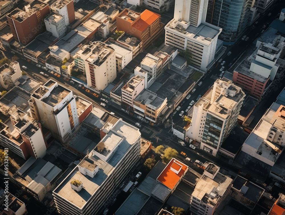 Aerial view of city buildings and streets at sunset