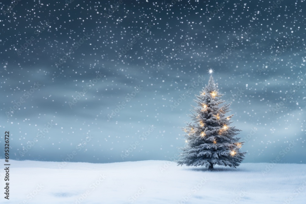 Lone lighted Christmas tree in white snowy landscape