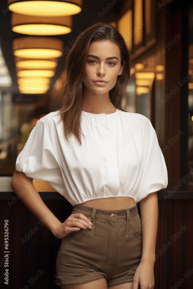 Woman in shorts and white T-shirt leaning against the railing Woman in shorts and white T-shirt leaning against the railing