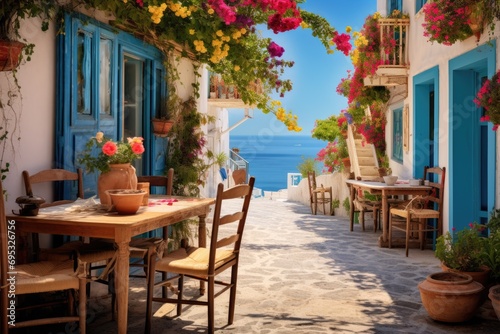 Greek culture with traditional white and blue greek architecture  taverna