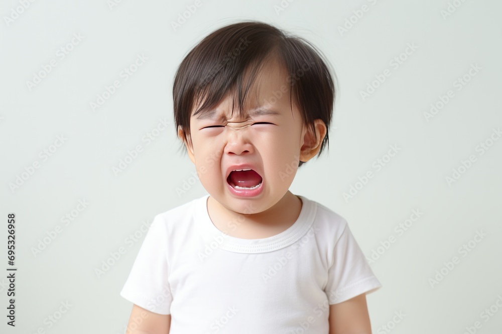 Asian little baby toddler crying wearing white t-shirt Asian little baby toddler crying wearing white t-shirt