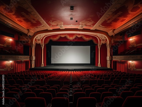 Old theater with red velvet seats and ornate decor