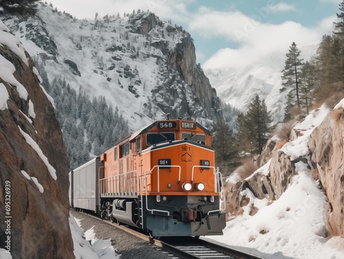 Orange train traversing snowy alpine route