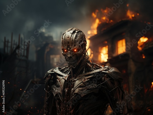 Futuristic robot with skull head in front of a blazing inferno © madrolly