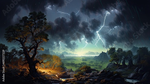 Glowing lightning electrifies the night sky casting photo