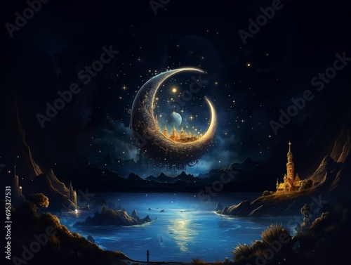 Fantasy landscape with a crescent moon and castle
