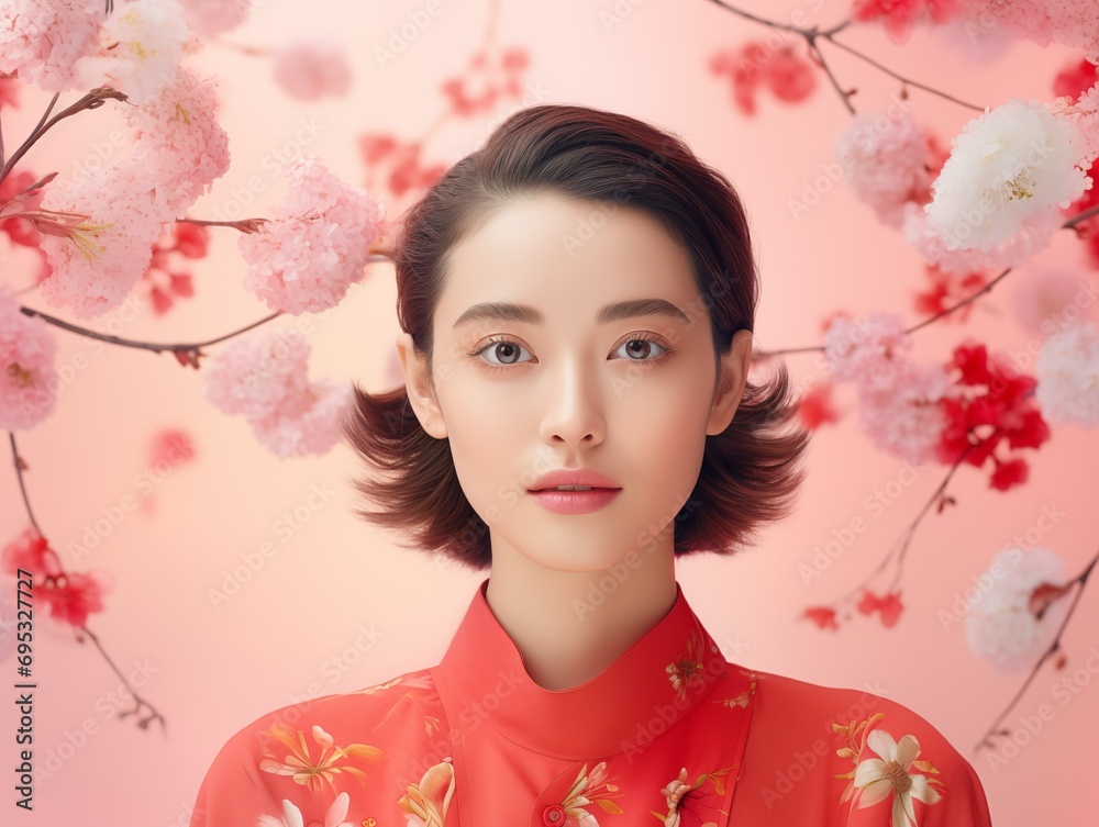 Fototapeta premium A woman in a red dress with cherry blossom branches in the background