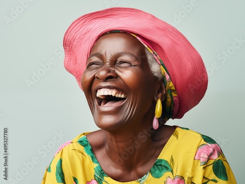 An elderly Jamaican woman in a pink headwrap and yellow earrings photo