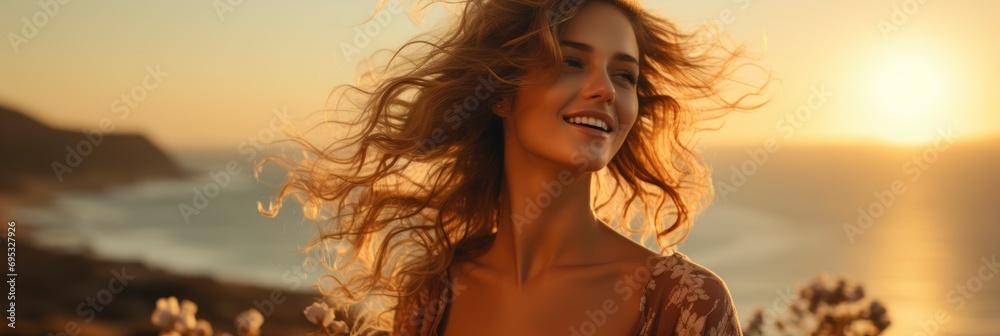Banner Happy Young Woman Sunset Posing , Banner Image For Website, Background, Desktop Wallpaper